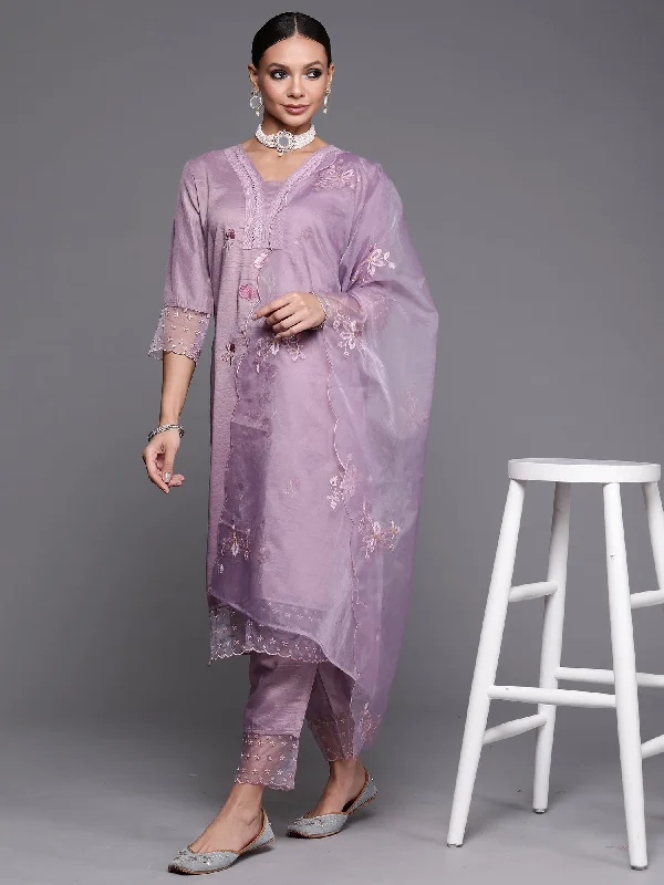 Women's Purple Floral Embroidered Straight Kurta Trouser With Dupatta Set - Indo Era High Waist Slim Fit Ankle Length Women's Purple Floral Embroidered Straight Kurta Trouser With Dupatta Set - Indo Era High Waist Slim Fit Ankle Length