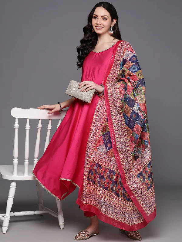 Women's Pink Self Design A-Line Kurta Trousers With Dupatta  Set - Indo Era Trousers Occasion Special