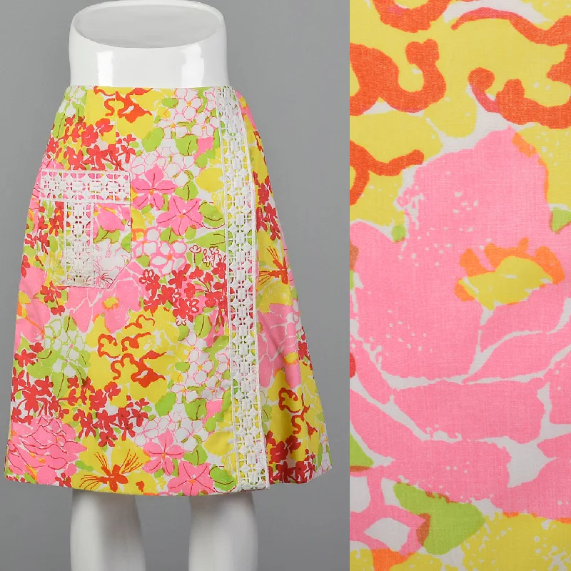 1970s Lilly Pulitzer Colorful Print Faux Wrap Mini Skirt tiered skirt playful