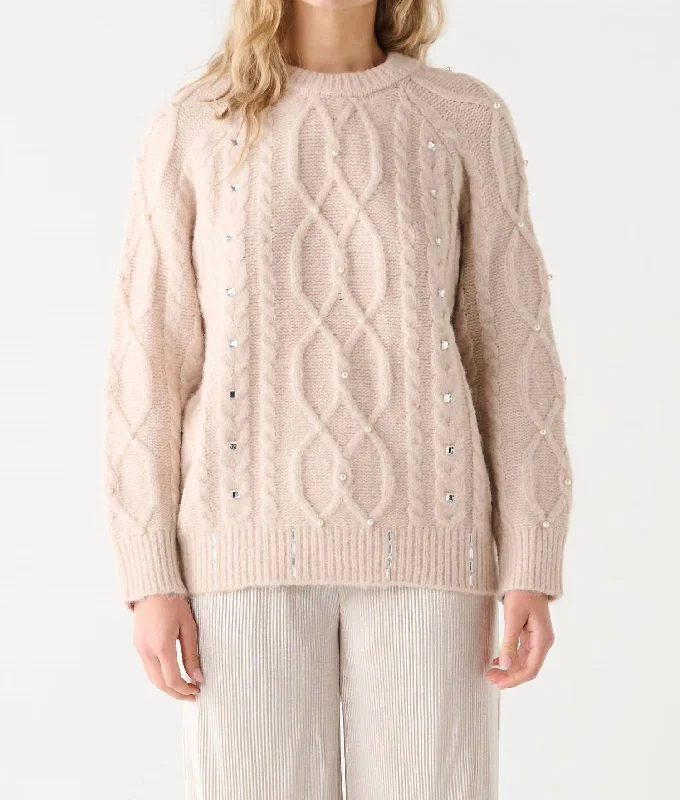 Embellished Cable Knit Sweater In Oatmeal Mix Striped Floral Plaid