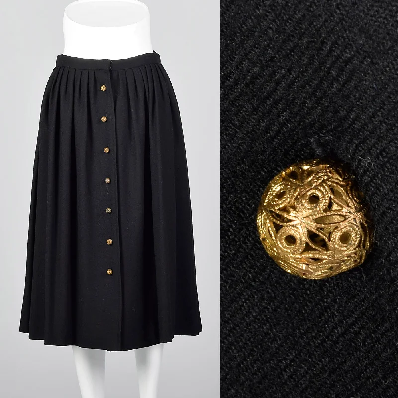 1970s Chloe Timeless  Black Wool Skirt with Gold Buttons, Karl Lagerfeld era velvet skirt glossy