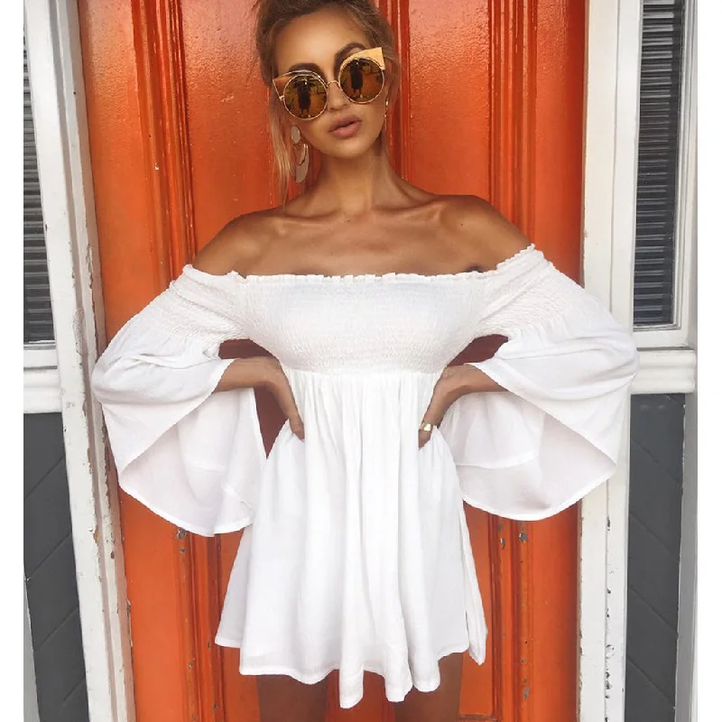 White Off Shoulder A-Line Homecoming Dress, Backless Long Sleeve Homecoming Dress, D1528 Tunics Travel practical