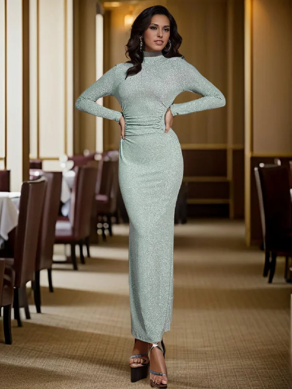 Women's Elegant High Neck Collar Long Sleeve Evening Dress Tunics Handmade artisanal