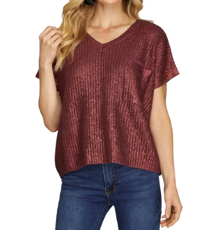 Short Sleeve Metallic Coated Sweater In Red Iron Safe Non-Iron Wrinkle Free