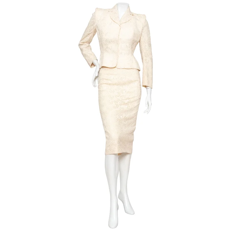 1996 Ivory Broderie Anglaise Skirt Suit wool skirt breathable