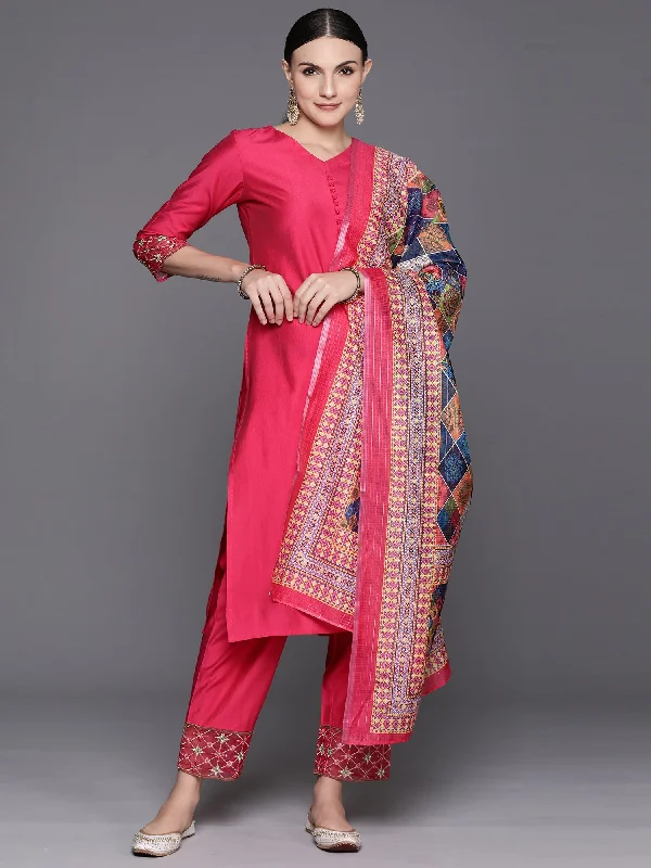 Women's Pink Embroidered Straight Kurta Trousers With Dupatta Set - Indo Era Trousers Formal Black