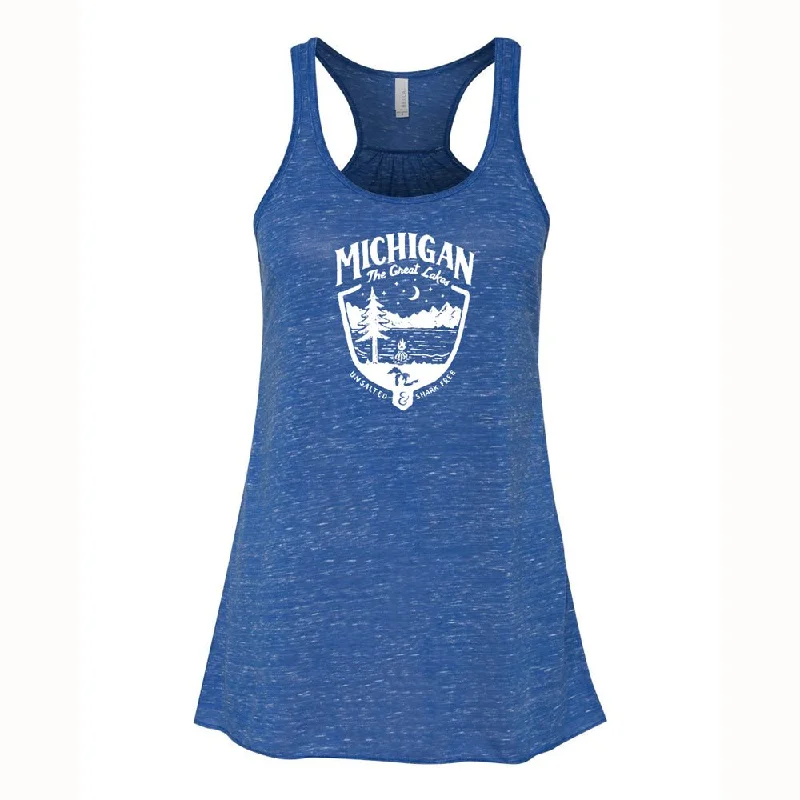 Ladies Relaxed Racerback Tank Top - Michigan Shield Marble Blue v-neck tank top