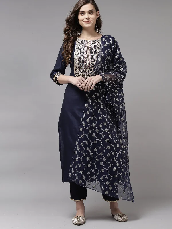 Women's Navy Blue Embroidered Straight Kurta Trouser With Dupatta Set - Indo Era Trousers Exclusive Limited Women's Navy Blue Embroidered Straight Kurta Trouser With Dupatta Set - Indo Era Trousers Exclusive Limited