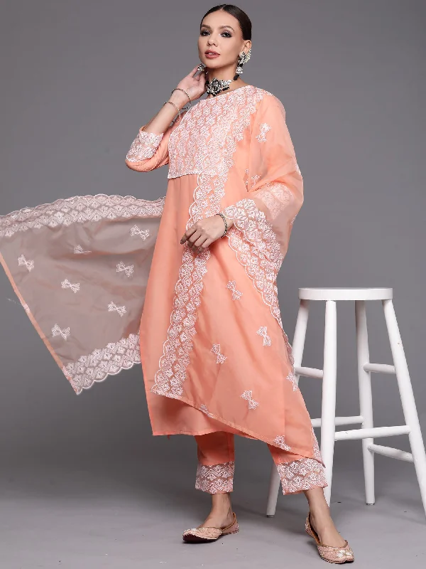 Women's Peach Embroidered Straight Kurta Trouser With Dupatta Set  - Indo Era Trousers cozy comfortable