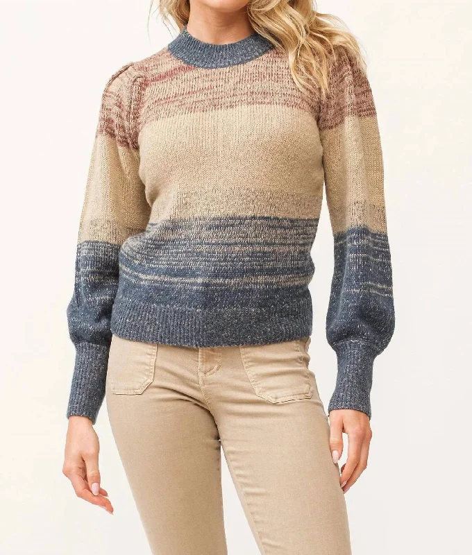 Agnes Crew Neck Long Sleeve Sweater In Teal Combo Striped Floral Plaid