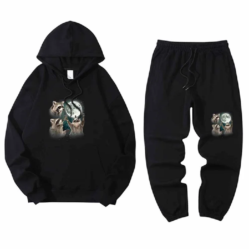 Raccoon Worshiping The Moon Hoodie Pants Set Hoodie with Hem Elastic Stretchable Comfortable Raccoon Worshiping The Moon Hoodie Pants Set Hoodie with Hem Elastic Stretchable Comfortable