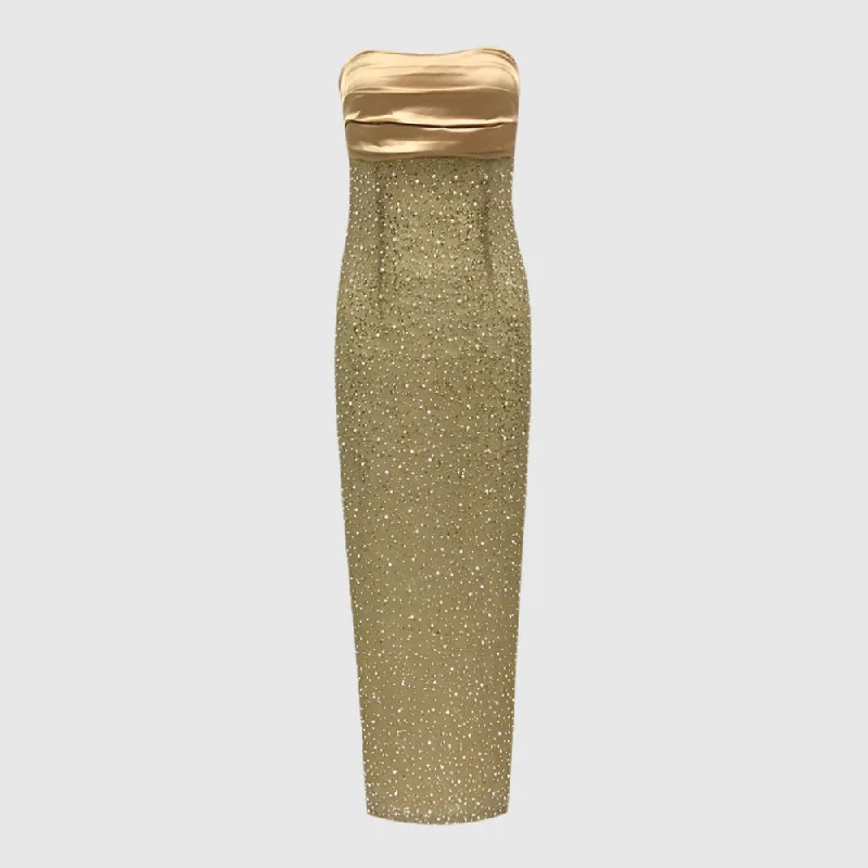 Women's Elegant Sequins and Beads Light Luxury Sleeveless Tube Dress with Slit Tunics New arrival