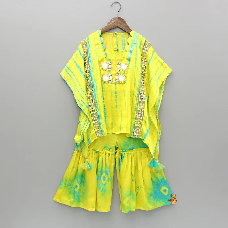 Pre Order: Printed Embellished Kaftan With Strappy Crop Top And Sharara Cozy Warm Stylish