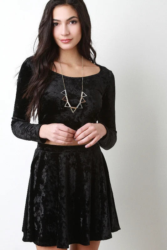 Long Sleeve Velvet Crop Top Striped Floral Plaid