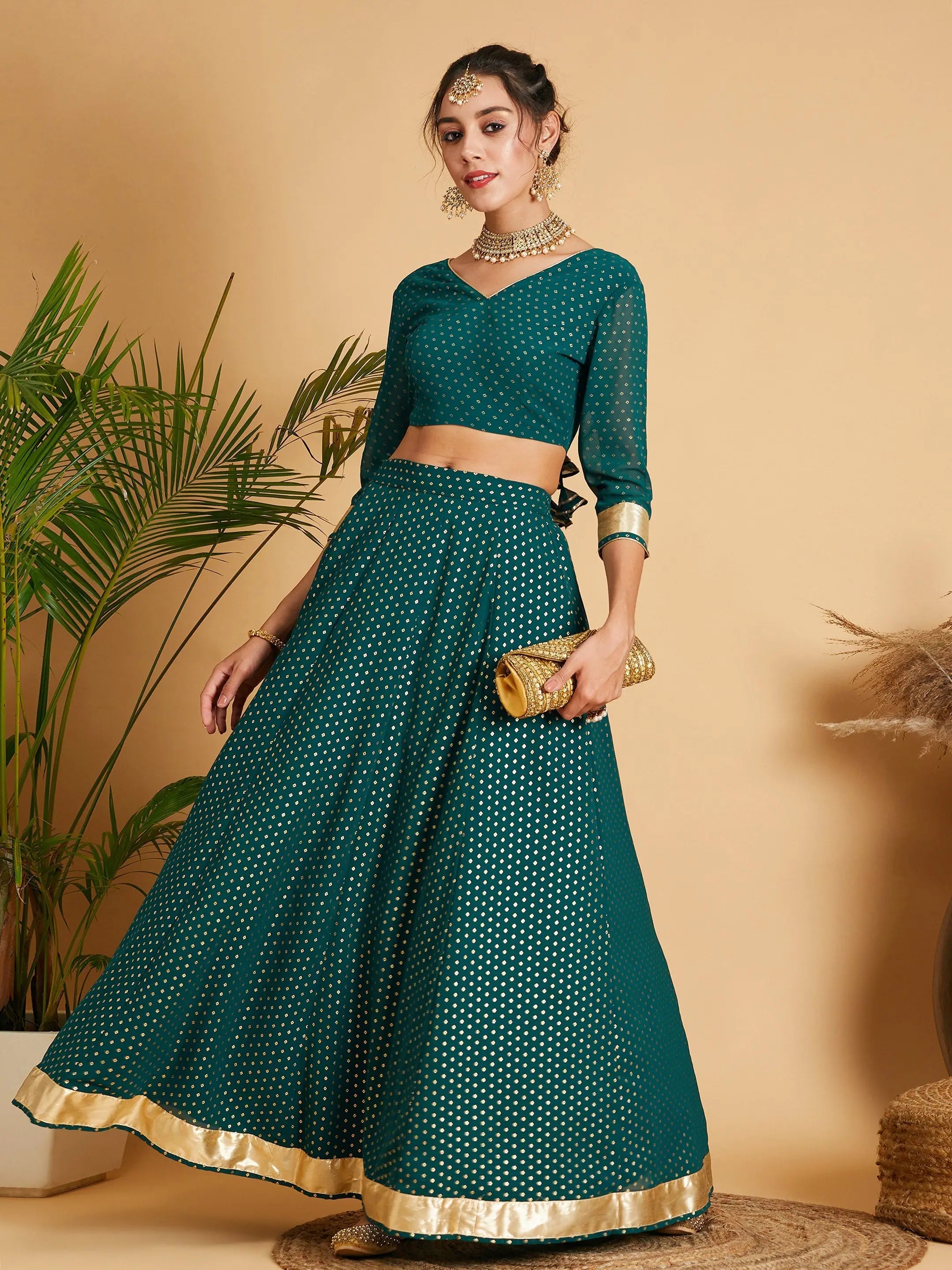 Women Emerald Dot Foil Print Anarkali Skirt With Crop Top Zippered Buttoned Snapped