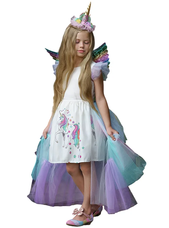 Girls Unicorn Princess Tulle Costume Dress Tunics Satin smooth