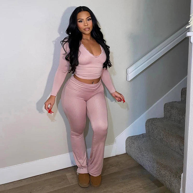 Bomblook K23ST589 2024 Tweed Set Solid Outfits Elegant Loungewear V Neck Crop Top Trending Women Clothing Two Piece Pants Set Knit Fabric Woven Fabric Fleece Fabric