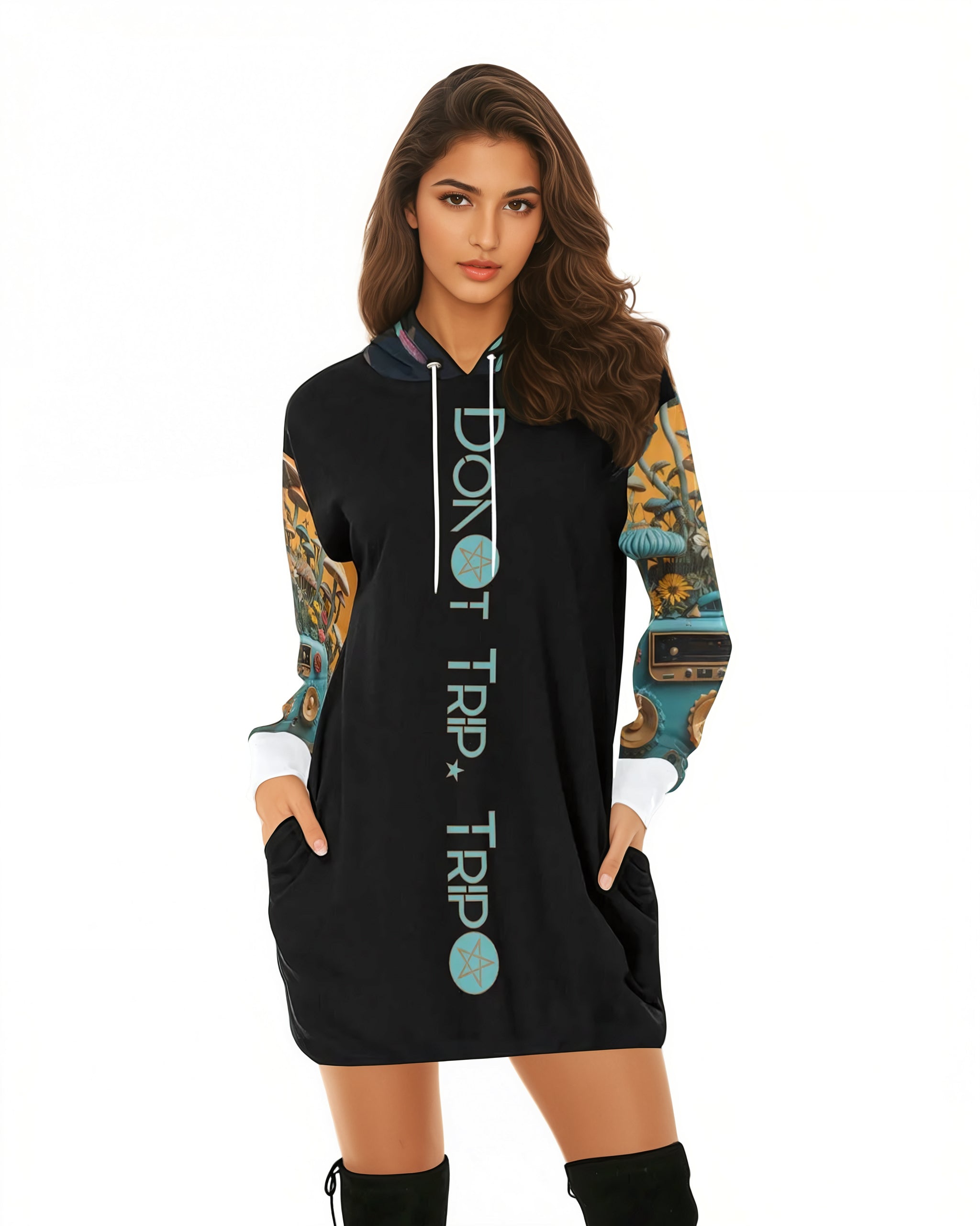 Don't Trip. Trip! Mushroom Mini Hoodie Dress Hoodie with Metallic Shiny Futuristic