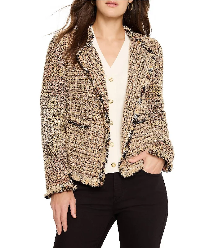 Chain Trim Fringe Mix Knit Jacket In Neutral Mix Zippered Front Buttoned Front Snap Front Chain Trim Fringe Mix Knit Jacket In Neutral Mix Zippered Front Buttoned Front Snap Front