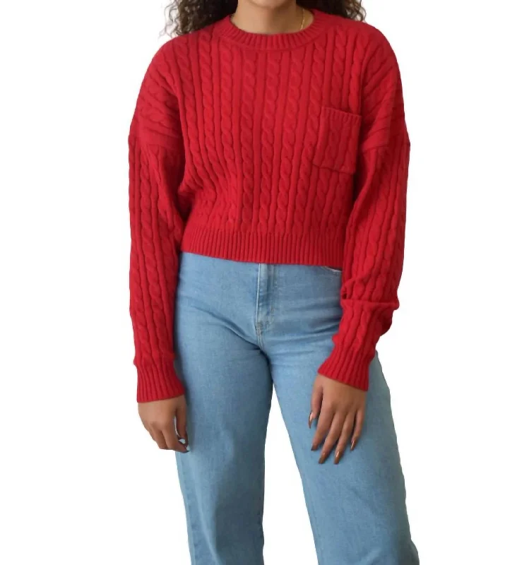 Casual Thing Cable Knit Boxy Sweater In Red Denim Fabric Leather Fabric Suede Fabric