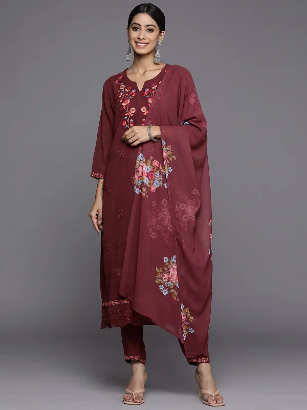 Women's Burgundy Embroidered Straight Kurta Trousers With Dupatta Set - Indo Era Trousers cozy soft Women's Burgundy Embroidered Straight Kurta Trousers With Dupatta Set - Indo Era Trousers cozy soft
