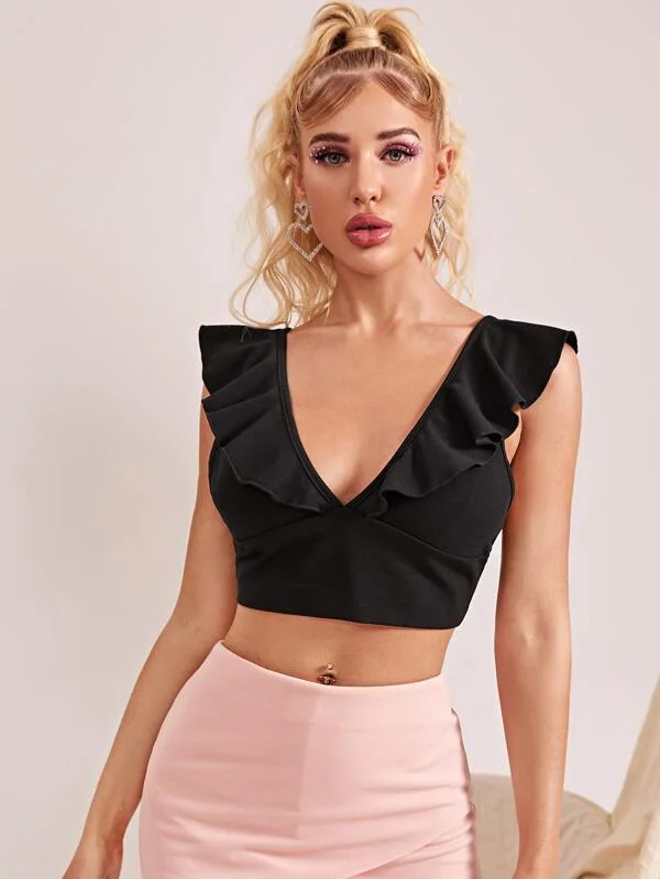 Ruffle Trim Cutout Back Crop Top Summer Crop Top Casual Short Sleeve