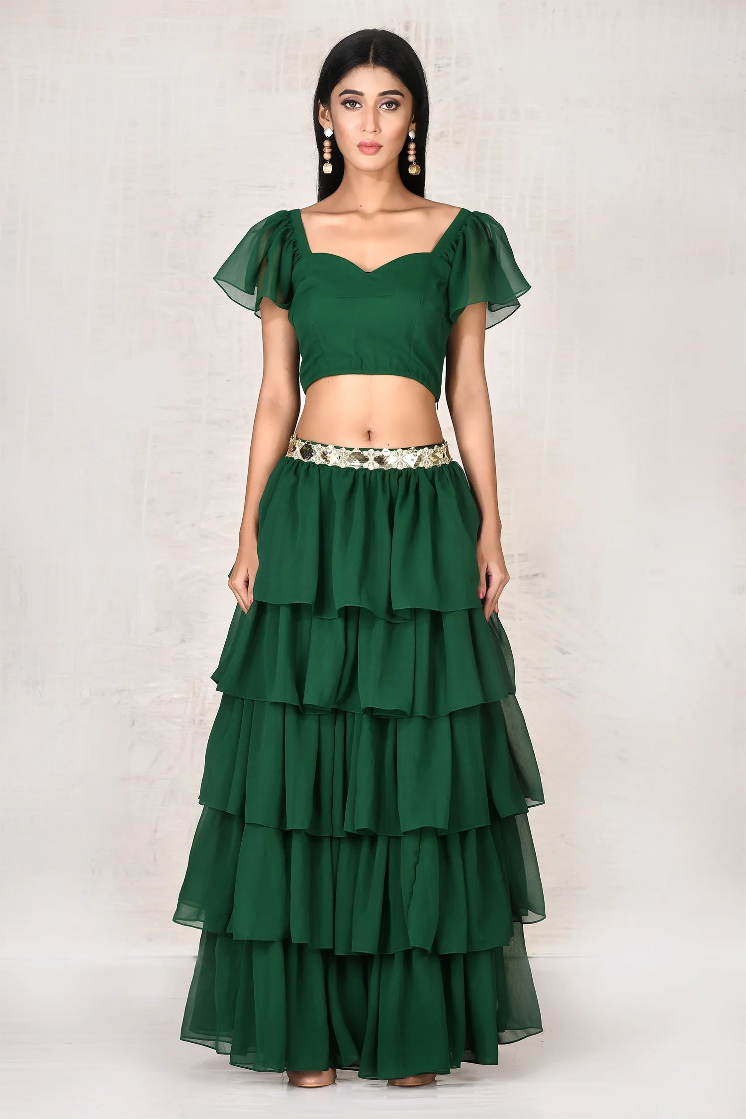Green Crop Top Skirt Set Chenille Blend Fleece Blend Nylon Blend