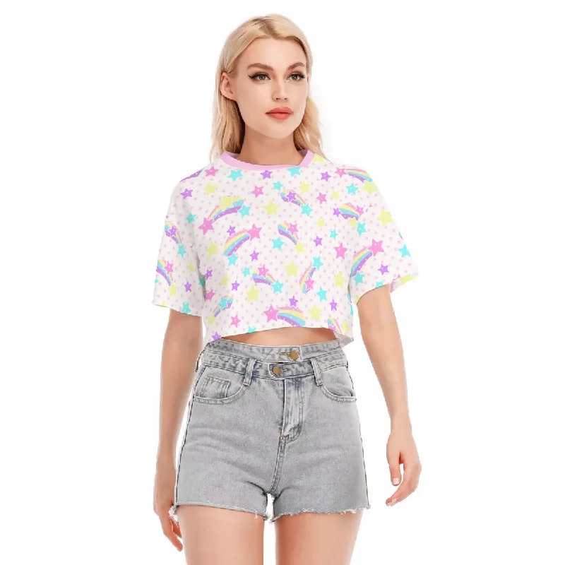 Starry Party White Cotton Crop Top Cashmere Blend Cotton Blend Poly Blend