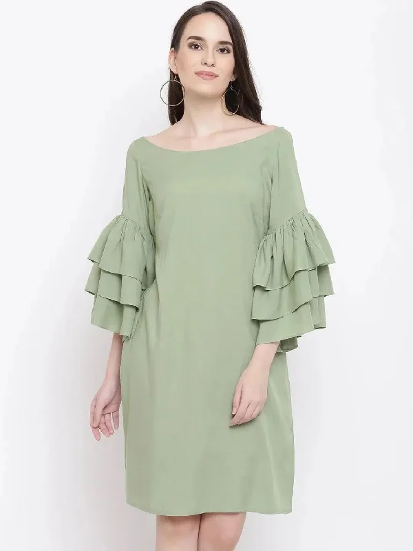 Triple Layered bell Sleeve shift dress in Pista Green Tunics Floral girly