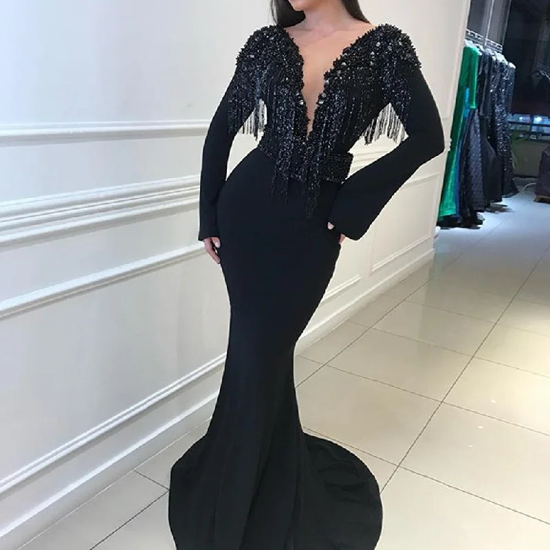 Black Tulle Long Sleeve Backless Jersey Mermaid Beaded Prom Dress, FC1890 Tunics Vintage classic