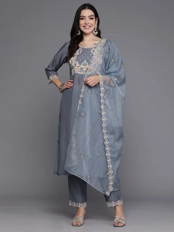 Women's Grey Embroidered Straight Kurta Trousers With Dupatta Set - Indo Era Trousers Fleece Cozy Women's Grey Embroidered Straight Kurta Trousers With Dupatta Set - Indo Era Trousers Fleece Cozy