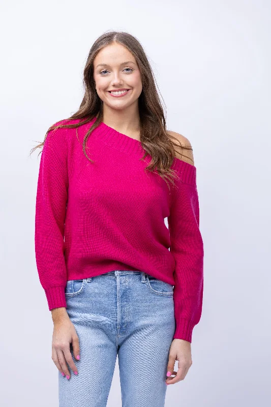Milly Off the Shoulder Sweater in Fuchsia Embroidered Appliqued Beaded