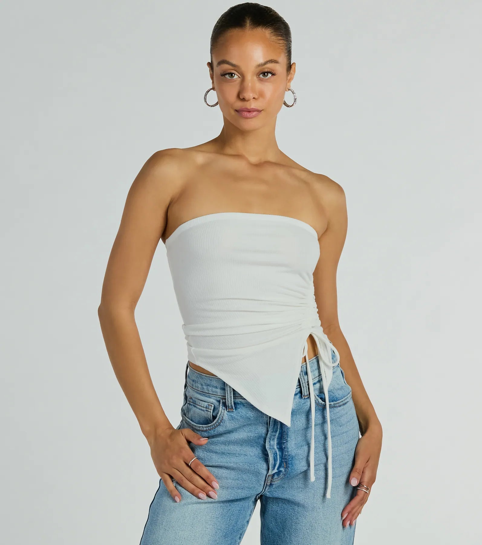 Easy Attention Strapless Slit Crop Top Front Pockets Side Pockets Patch Pockets