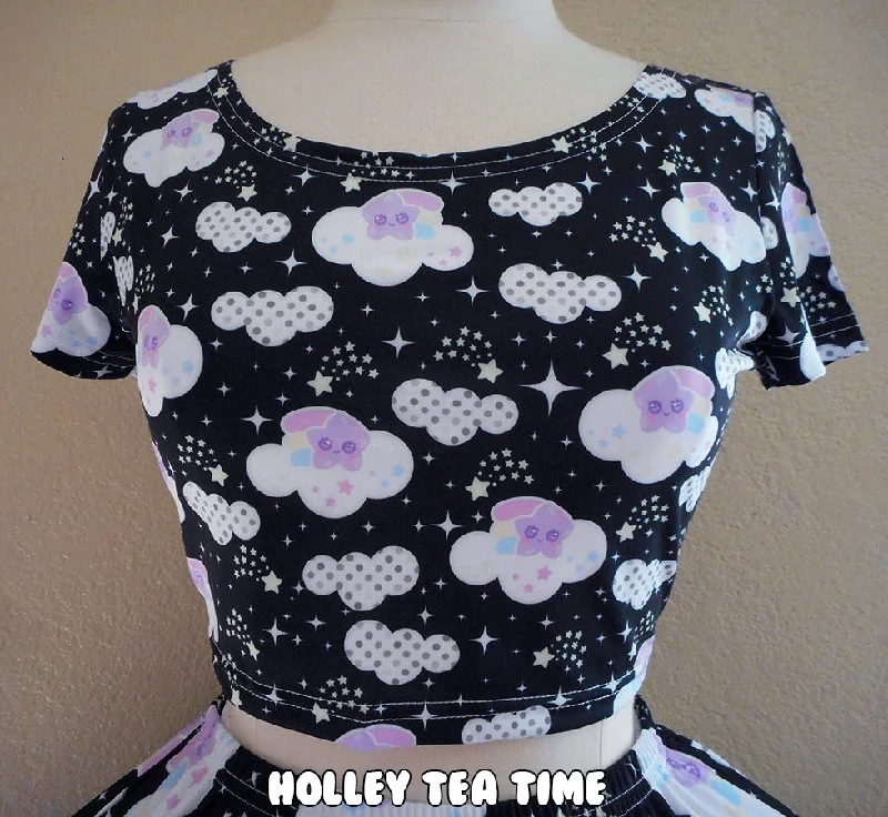 Shooting Star Clouds Black Short Sleeve Crop Top [Made To Order] Striped Floral Plaid