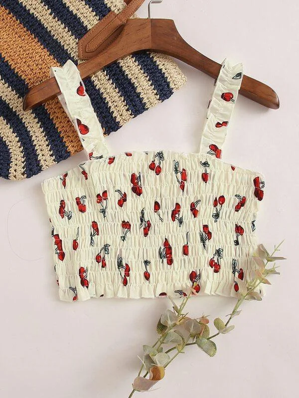 Cherry Print Shirred Crop Top Spandex Blend Rayon Blend Denim Blend