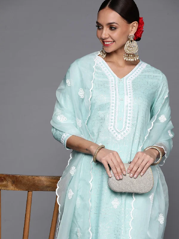 Women's Blue Foil Printed Straight Kurta Trouser With Dupatta Set - Indo Era Trousers trendy modern