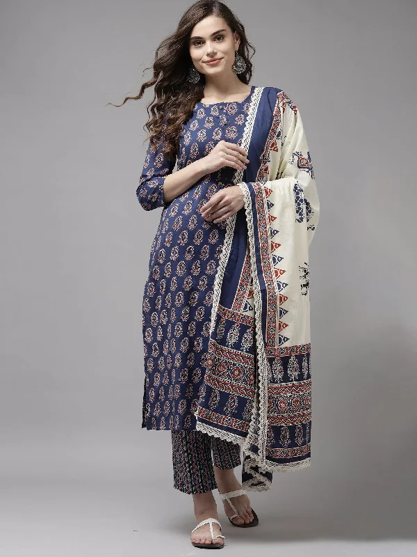 Women's Blue Printed A-Line Kurta Trouser With Dupatta Set - Indo Era Trousers Bestseller Popular Women's Blue Printed A-Line Kurta Trouser With Dupatta Set - Indo Era Trousers Bestseller Popular