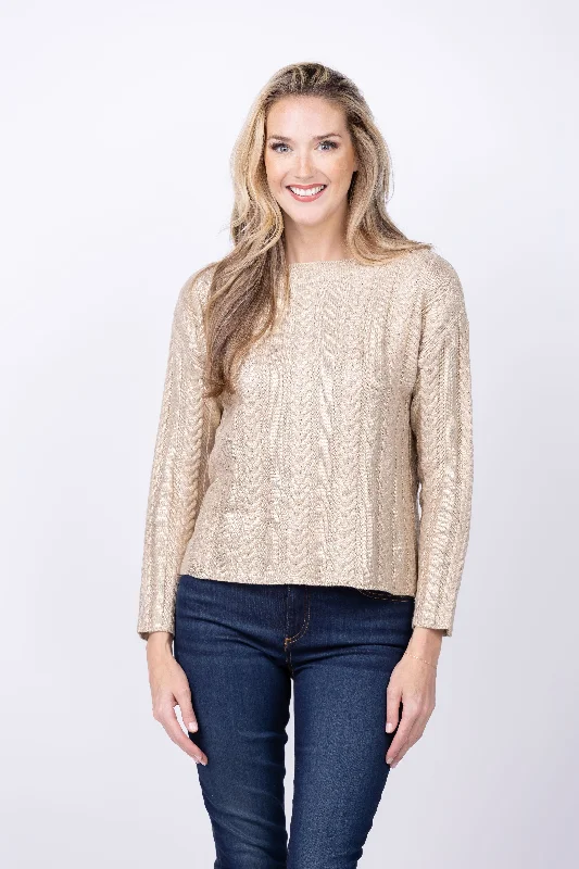 Elliott Lauren Cable Foil Sweater in Gold Spandex Blend Rayon Blend Denim Blend