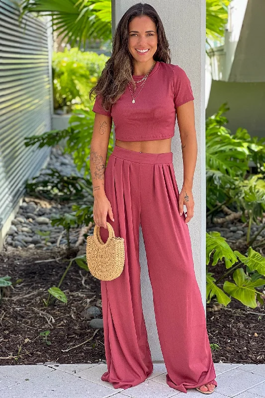 Dark Rose Crop Top And Pants Set Ribbed Striped Patterned