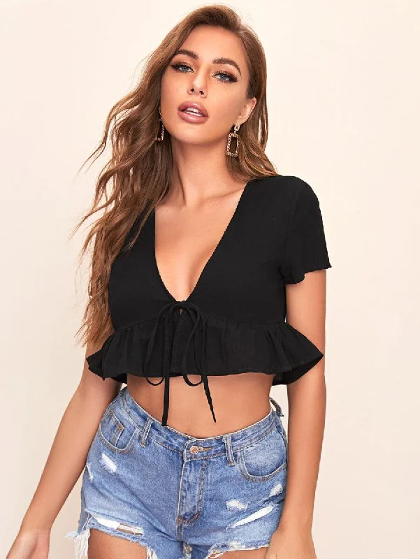 Tie Front Ruffle Hem Crop Top Lace Blend Ribbed Blend Corduroy Blend