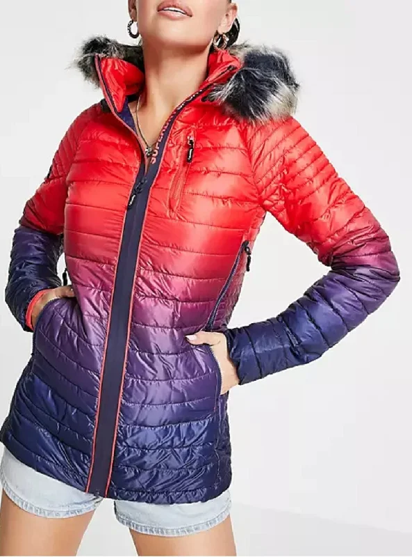 Superdry Women's Sport Power Ombre Padded Hoodie Jacket, Ink/Red, XS Hoodie with Oversized Fit Loose Comfortable