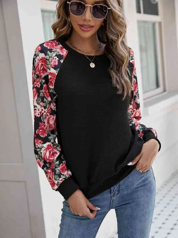 Floral Raglan Sleeve Round Neck Sweatshirt Zip Hoodie Drawstring Kangaroo Pocket