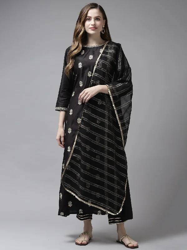 Women's Black Embroidered Straight Kurta Trouser With Dupatta Set - Indo Era Trousers Culottes Wide Leg Women's Black Embroidered Straight Kurta Trouser With Dupatta Set - Indo Era Trousers Culottes Wide Leg