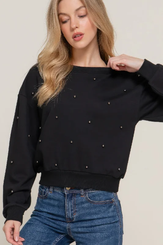 Long Slv Pearl Stud Detail Sweatshirt Hoodie with Neon Bright Vibrant