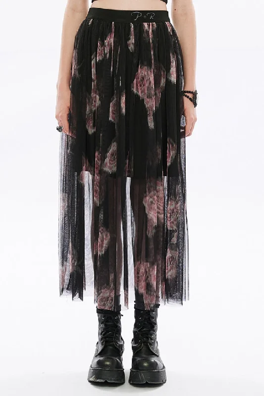 Rose Print Embroidery Stitching Lace Sheer Mesh Women's Gothic Skirt 2 Color wool skirt breathable Rose Print Embroidery Stitching Lace Sheer Mesh Women's Gothic Skirt 2 Color wool skirt breathable