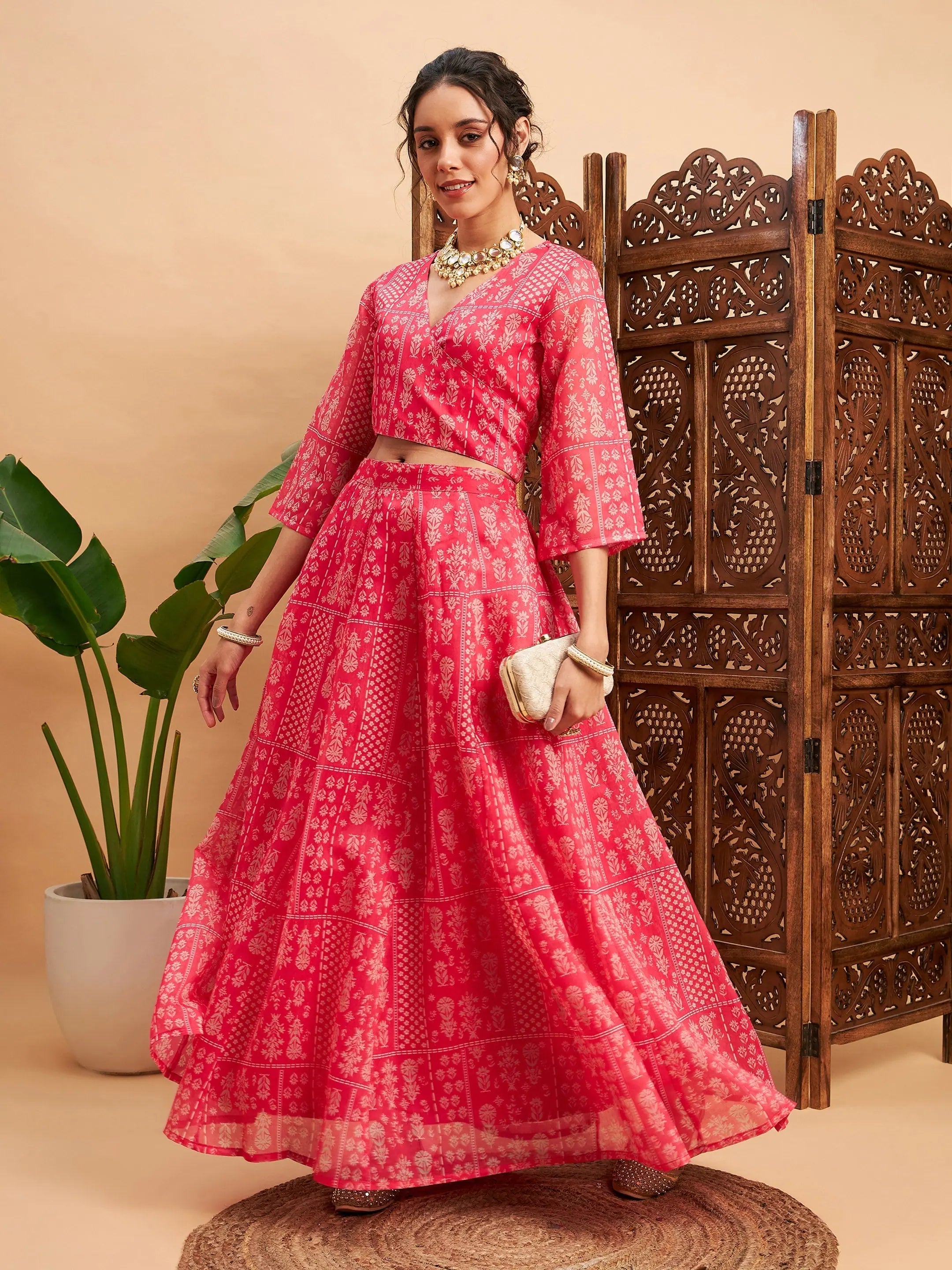 Women Pink Floral Anarkali Skirt With Wrap Crop Top Plaid Crop Top Polka Dot Checkered