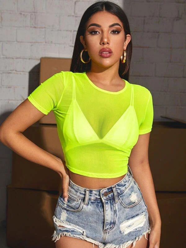 Neon Lime Sheer Mesh Crop Top Without Bra Chenille Fabric Brocade Fabric Lace Fabric