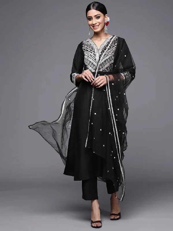 Women's Black Floral Embroidered Straight Kurta Trouser With Dupatta Set - Indo Era Trousers Corduroy Warm Women's Black Floral Embroidered Straight Kurta Trouser With Dupatta Set - Indo Era Trousers Corduroy Warm