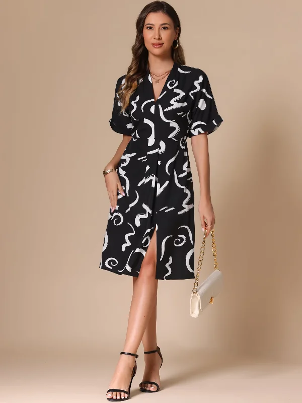 Short Sleeve V Neck High Waist Graphic Midi Slit Dress Cowl Neckline Elegant