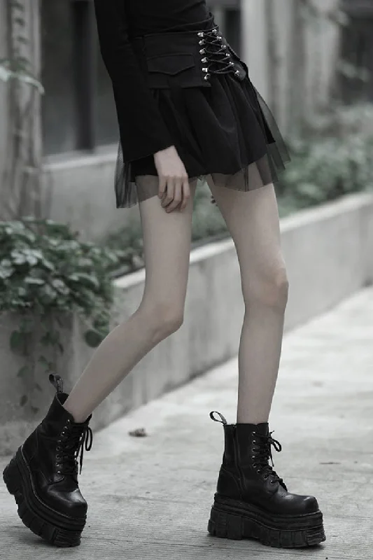 Black Binding Mesh Plaid High Waist Women's Steam Punk Skirt lace skirt feminine